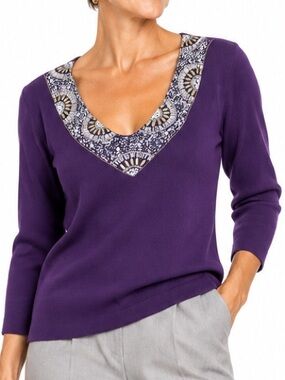 Valenti sweater, EUC, beaded neckline, deep rich purple, 3/4 sleeve, sz Med
